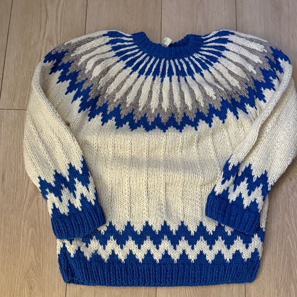XL Blue Cream Virgin Wool Fisherman’s Fair Isle Sweater Hand Made Greece Vintage - Picture 1 of 7